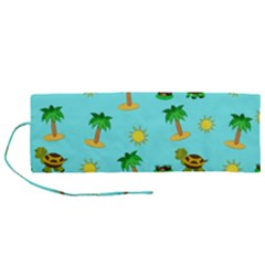 Turtle And Palm On Blue Pattern Roll Up Canvas Pencil Holder (m) by Daria3107