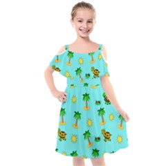 Turtle And Palm On Blue Pattern Kids  Cut Out Shoulders Chiffon Dress