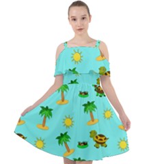 Turtle And Palm On Blue Pattern Cut Out Shoulders Chiffon Dress