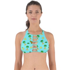 Turtle And Palm On Blue Pattern Perfectly Cut Out Bikini Top