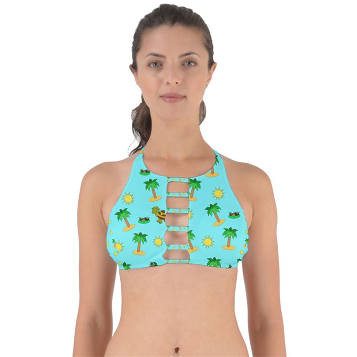 Turtle And Palm On Blue Pattern Perfectly Cut Out Bikini Top