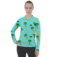 Turtle And Palm On Blue Pattern Women s Pique Long Sleeve Tee