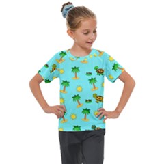 Turtle And Palm On Blue Pattern Kids  Mesh Piece Tee