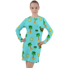 Turtle And Palm On Blue Pattern Long Sleeve Hoodie Dress by Daria3107