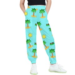 Turtle And Palm On Blue Pattern Kids  Elastic Waist Pants by Daria3107