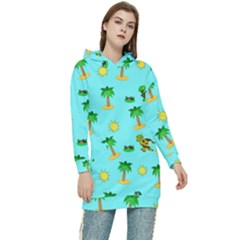 Turtle And Palm On Blue Pattern Women s Long Oversized Pullover Hoodie