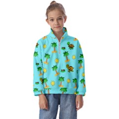 Turtle And Palm On Blue Pattern Kids  Half Zip Hoodie by Daria3107