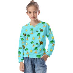 Turtle And Palm On Blue Pattern Kids  Long Sleeve Tee With Frill 