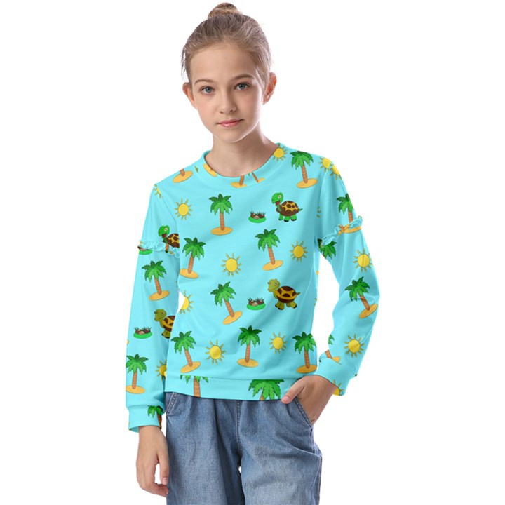 Turtle And Palm On Blue Pattern Kids  Long Sleeve Tee with Frill 