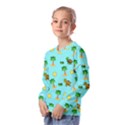 Turtle And Palm On Blue Pattern Kids  Long Sleeve Tee with Frill  View2