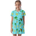 Turtle And Palm On Blue Pattern Kids  Asymmetric Collar Dress View1