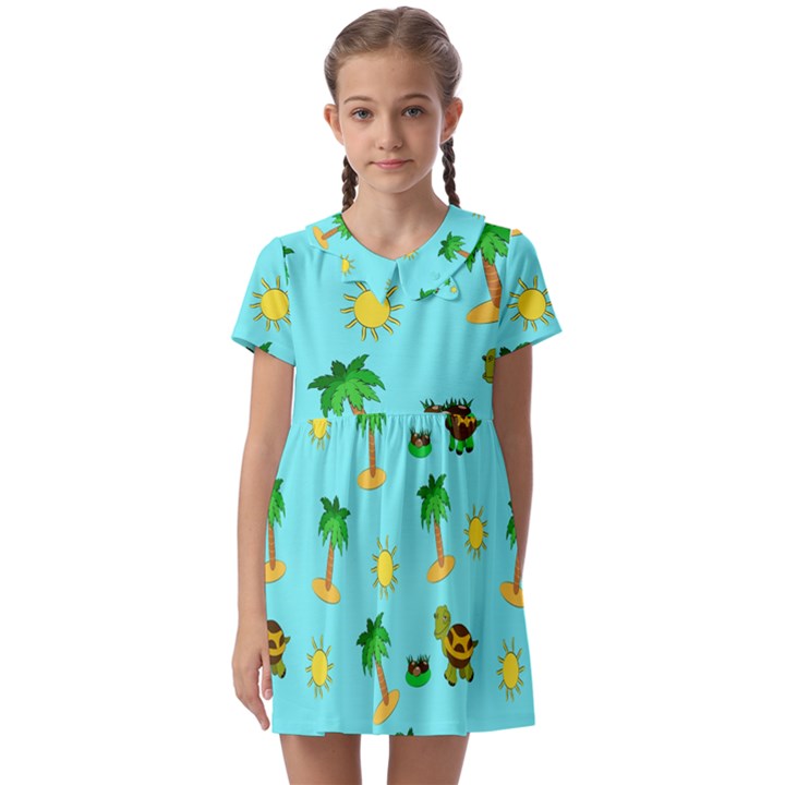 Turtle And Palm On Blue Pattern Kids  Asymmetric Collar Dress