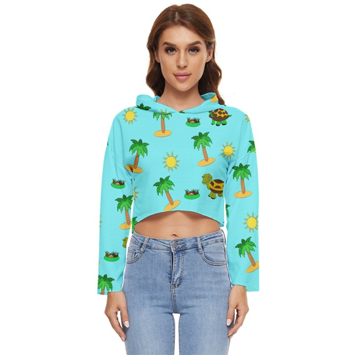 Turtle And Palm On Blue Pattern Women s Lightweight Cropped Hoodie