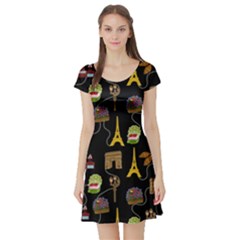 Paris Street Pattern On Black Short Sleeve Skater Dress