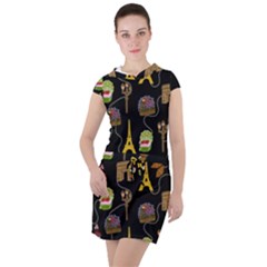 Paris Street Pattern On Black Drawstring Hooded Dress by Daria3107