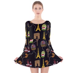 Paris Street Pattern On Black Long Sleeve Velvet Skater Dress by Daria3107