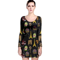 Paris Street Pattern On Black Long Sleeve Velvet Bodycon Dress by Daria3107