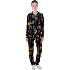 Paris Street Pattern On Black Casual Jacket And Pants Set