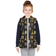 Paris Street Pattern On Black Kids  Hooded Puffer Vest