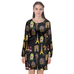 Paris Street Pattern On Black Long Sleeve Chiffon Shift Dress  by Daria3107