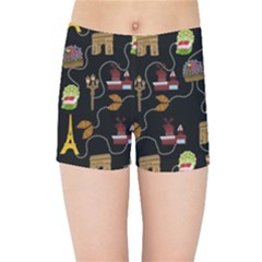 Paris Street Pattern On Black Kids  Sports Shorts