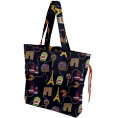 Paris Street Pattern On Black Drawstring Tote Bag