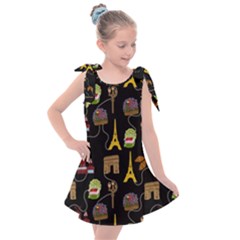 Paris Street Pattern On Black Kids  Tie Up Tunic Dress