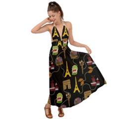 Paris Street Pattern On Black Backless Maxi Beach Dress