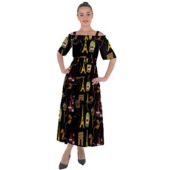 Paris Street Pattern On Black Shoulder Straps Boho Maxi Dress 