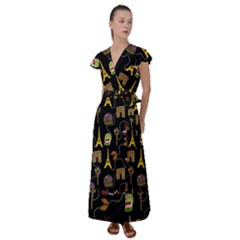 Paris Street Pattern On Black Flutter Sleeve Maxi Dress by Daria3107