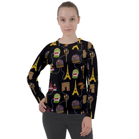 Paris Street Pattern On Black Women s Long Sleeve Raglan Tee by Daria3107