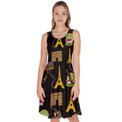 Paris Street Pattern On Black Knee Length Skater Dress With Pockets