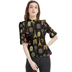 Paris Street Pattern On Black Frill Neck Blouse