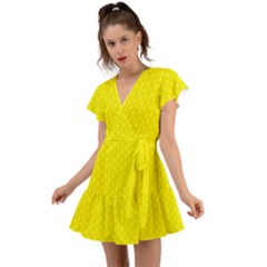 Soft Pattern Yellow Flutter Sleeve Wrap Dress by PatternFactory