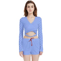 Soft Pattern Blue Velvet Wrap Crop Top And Shorts Set