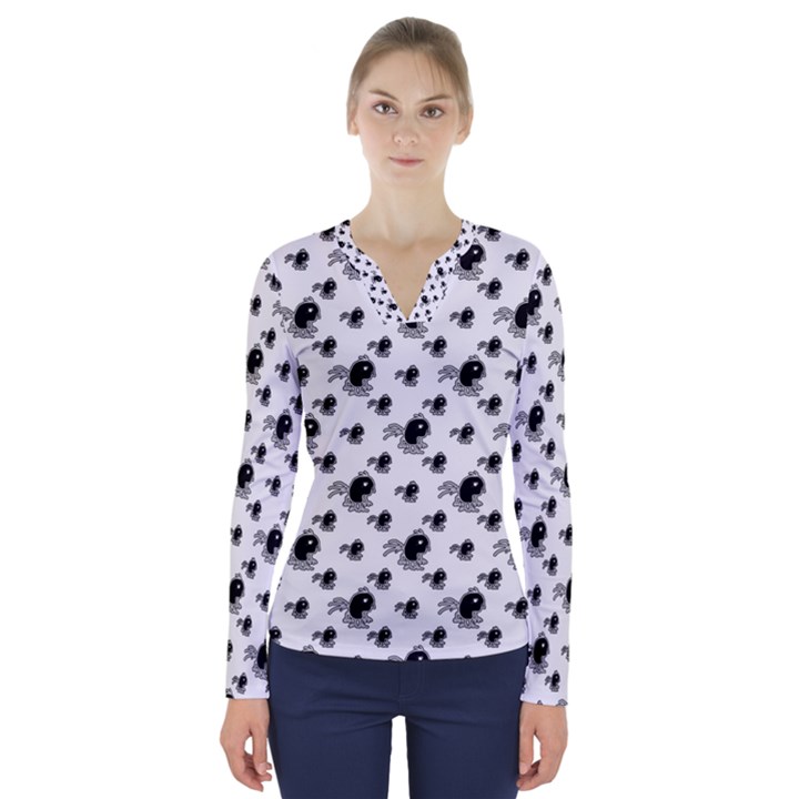 Sketchy Style Black Birds Motif Pattern V-Neck Long Sleeve Top