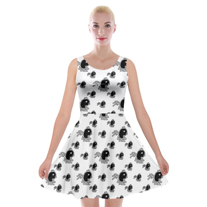 Sketchy Style Black Birds Motif Pattern Velvet Skater Dress