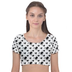 Sketchy Style Black Birds Motif Pattern Velvet Short Sleeve Crop Top  by dflcprintsclothing