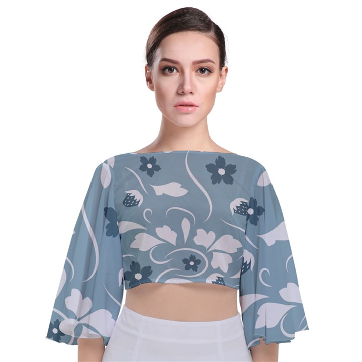 Folk flowers pattern Floral surface design Seamless pattern Tie Back Butterfly Sleeve Chiffon Top