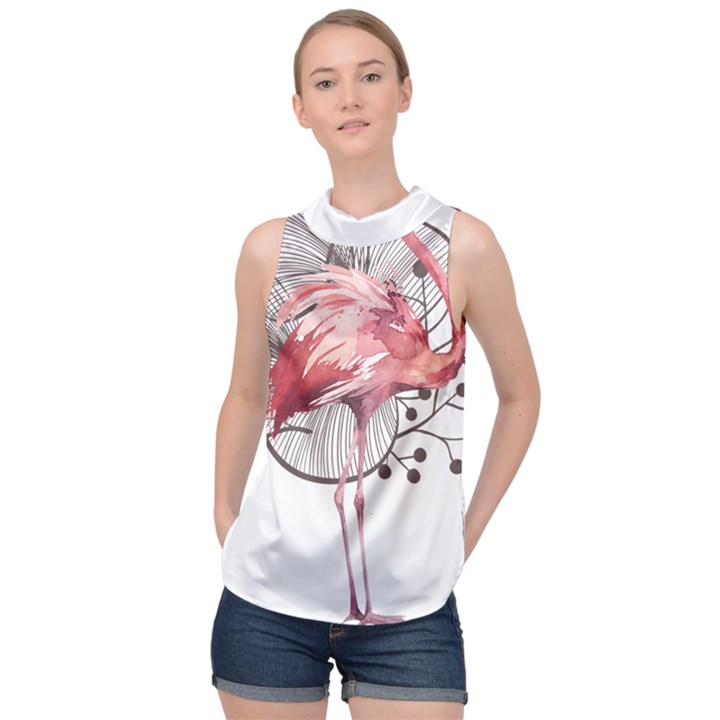 Watercolor Flamingo High Neck Satin Top