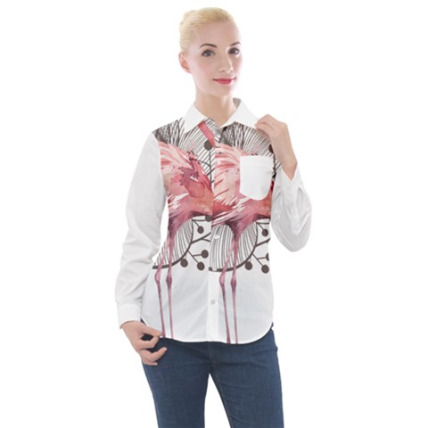 Watercolor Flamingo Women s Long Sleeve Pocket Shirt by webstylecreations