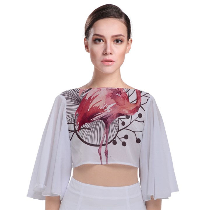 Watercolor Flamingo Tie Back Butterfly Sleeve Chiffon Top