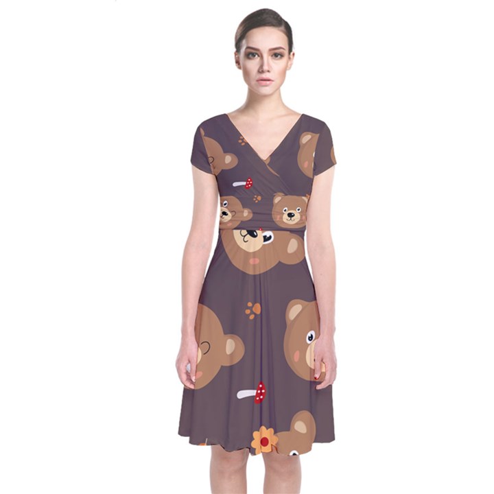 Bears-vector-free-seamless-pattern1 Short Sleeve Front Wrap Dress