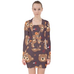 Bears-vector-free-seamless-pattern1 V-neck Bodycon Long Sleeve Dress by webstylecreations