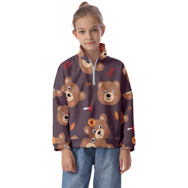 Bears-vector-free-seamless-pattern1 Kids  Half Zip Hoodie