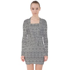 Abstract Silver Ornate Decorative Pattern V-neck Bodycon Long Sleeve Dress by dflcprintsclothing