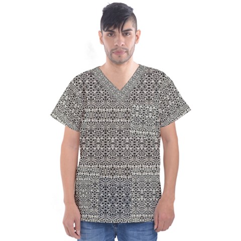 Abstract Silver Ornate Decorative Pattern Men s V-neck Scrub Top by dflcprintsclothing