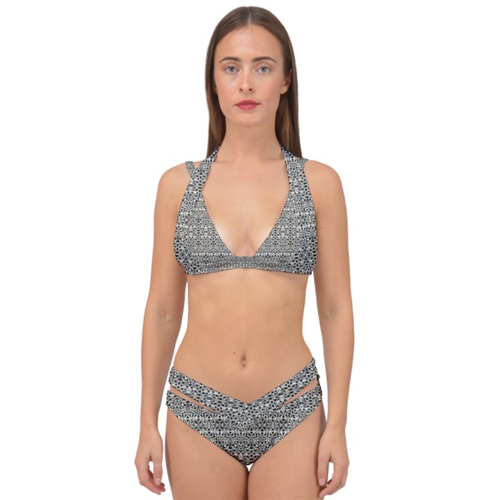 Abstract Silver Ornate Decorative Pattern Double Strap Halter Bikini Set