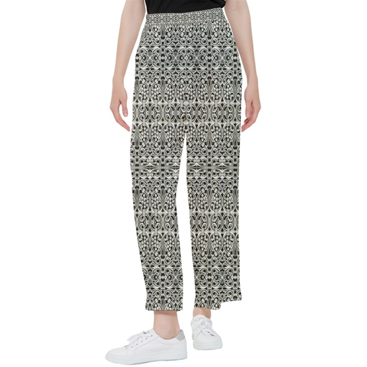 Abstract Silver Ornate Decorative Pattern Women s Pants 