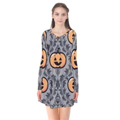 Pumpkin Pattern Long Sleeve V-neck Flare Dress by NerdySparkleGoth